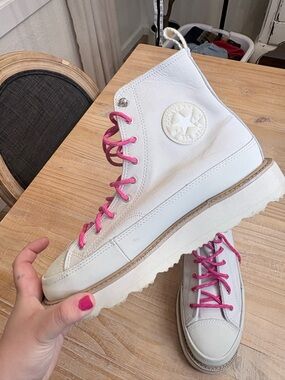 Converse White High-Top Leather Boots with Pink Laces